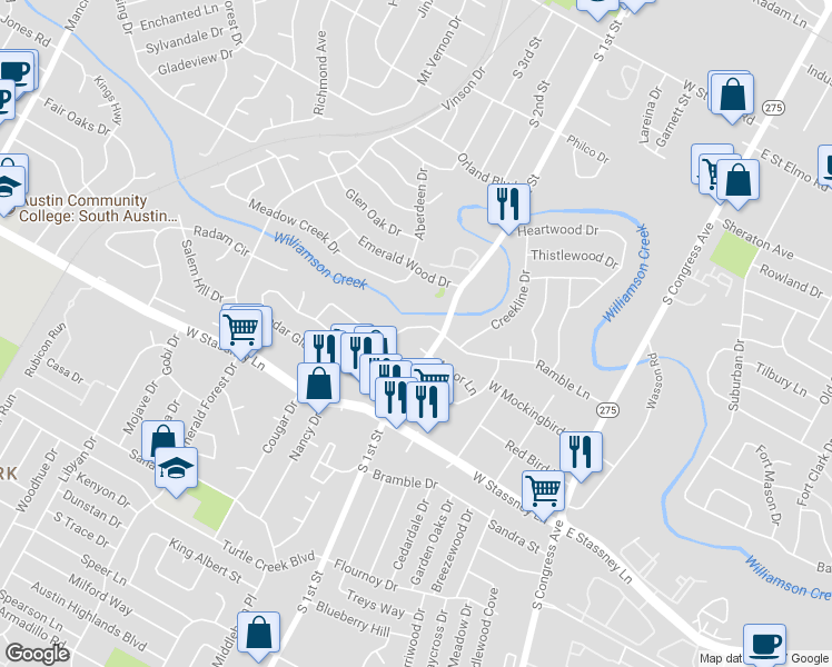 map of restaurants, bars, coffee shops, grocery stores, and more near 704a Ramble Lane in Austin