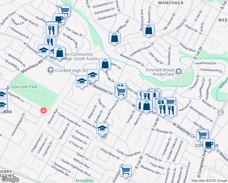 map of restaurants, bars, coffee shops, grocery stores, and more near 1201 Salem Park Court in Austin