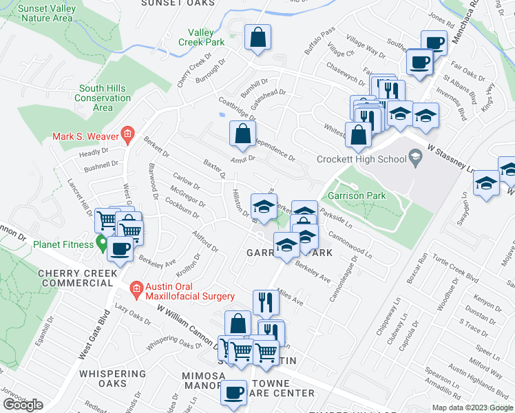 map of restaurants, bars, coffee shops, grocery stores, and more near 2306A Berkett Drive in Austin