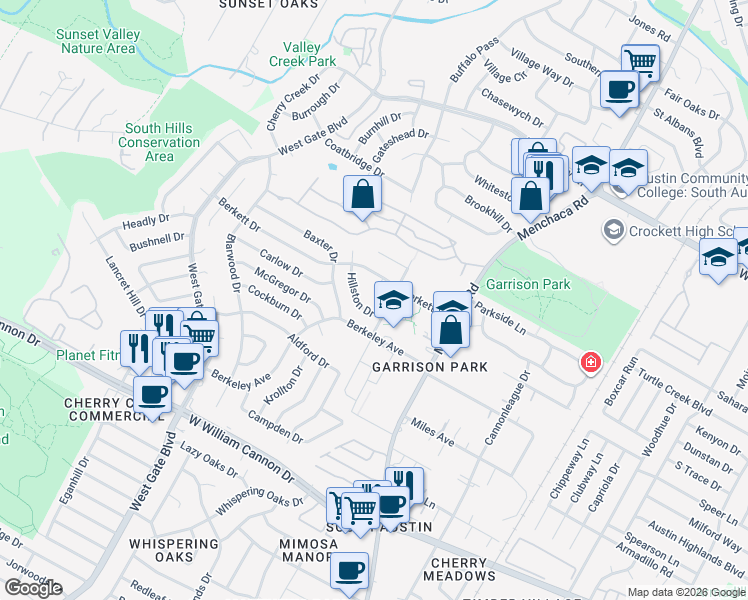 map of restaurants, bars, coffee shops, grocery stores, and more near 6206 Berkett Cove in Austin
