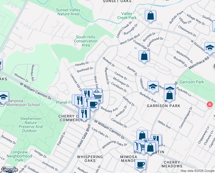 map of restaurants, bars, coffee shops, grocery stores, and more near 6505 Aldford Circle in Austin