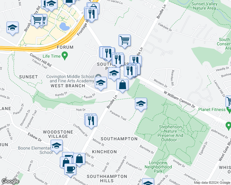 map of restaurants, bars, coffee shops, grocery stores, and more near in Austin