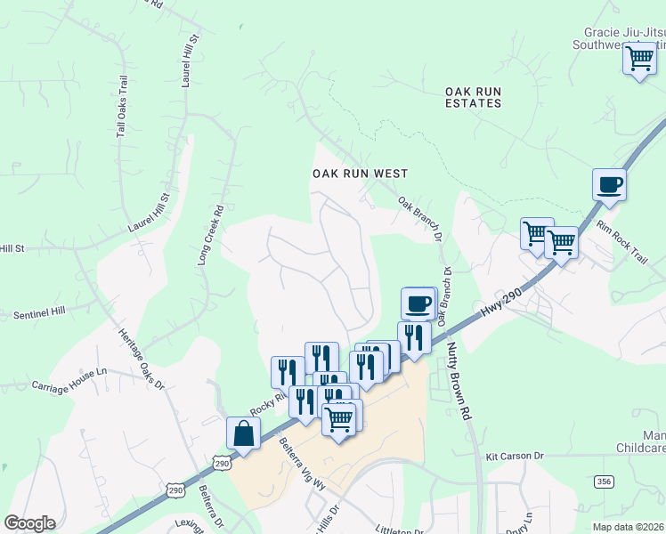 map of restaurants, bars, coffee shops, grocery stores, and more near 284 Limestone Trail in Austin