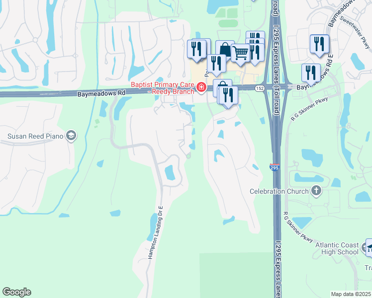 map of restaurants, bars, coffee shops, grocery stores, and more near 10550-4 Baymeadows Ap in Jacksonville