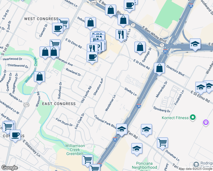 map of restaurants, bars, coffee shops, grocery stores, and more near 412 Colonial Park Boulevard in Austin