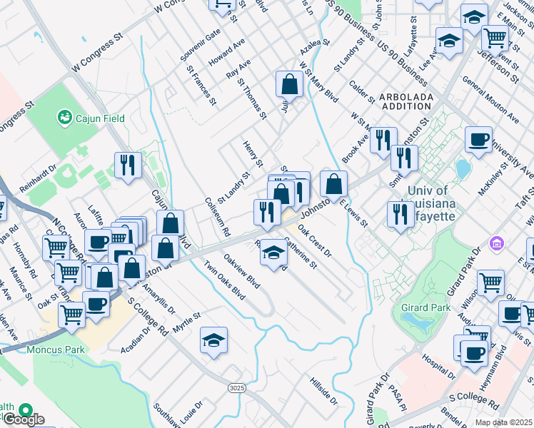 map of restaurants, bars, coffee shops, grocery stores, and more near 215 Saint Michael Street in Lafayette