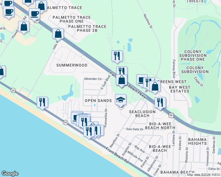 map of restaurants, bars, coffee shops, grocery stores, and more near 100 Pura Vida Court in Panama City Beach