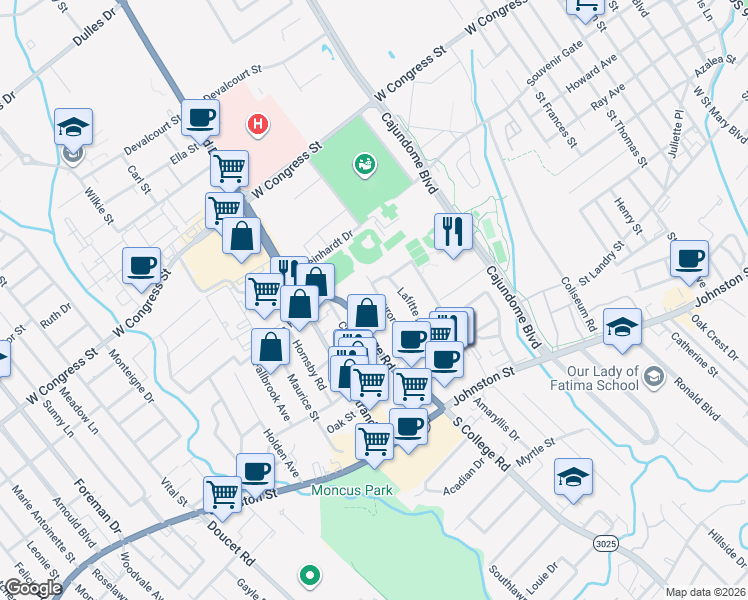 map of restaurants, bars, coffee shops, grocery stores, and more near 227 Aurore Avenue in Lafayette