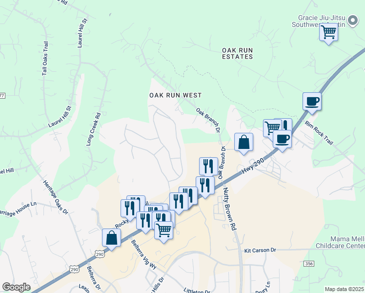 map of restaurants, bars, coffee shops, grocery stores, and more near 348 Stone View Trail in Austin
