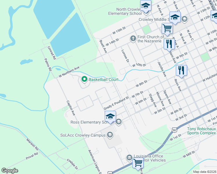 map of restaurants, bars, coffee shops, grocery stores, and more near 1700-1798 West 9th Street in Crowley