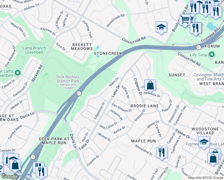map of restaurants, bars, coffee shops, grocery stores, and more near 4805 Counts Cove in Austin