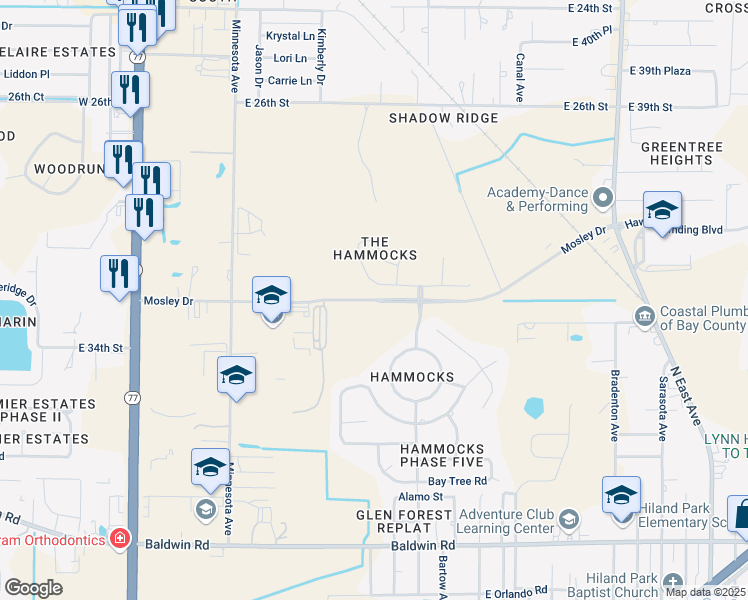 map of restaurants, bars, coffee shops, grocery stores, and more near Mosley Drive in Panama City