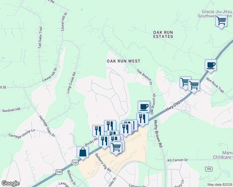 map of restaurants, bars, coffee shops, grocery stores, and more near 284 Limestone Trail in Austin