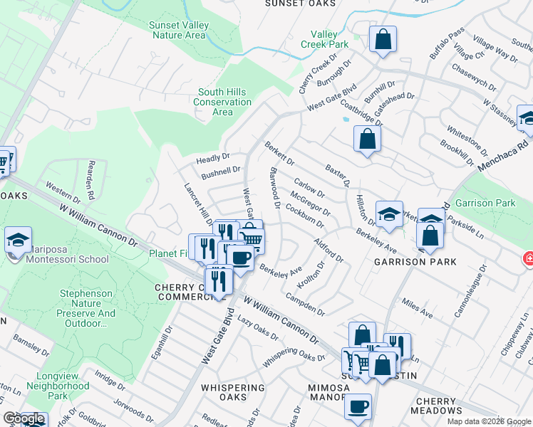 map of restaurants, bars, coffee shops, grocery stores, and more near 6505 Aldford Circle in Austin