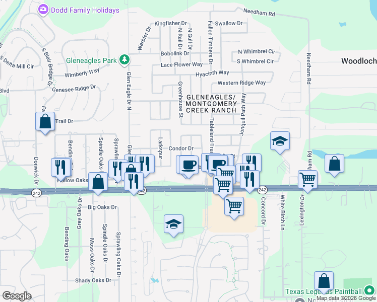 map of restaurants, bars, coffee shops, grocery stores, and more near 16952 Valiant Oak Street in Conroe