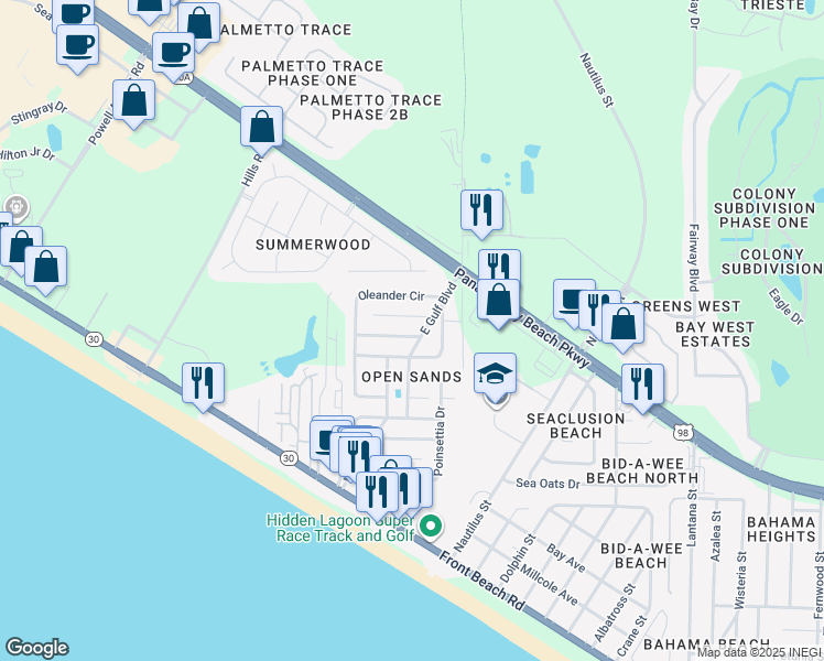 map of restaurants, bars, coffee shops, grocery stores, and more near 304 Hibiscus Avenue in Panama City Beach