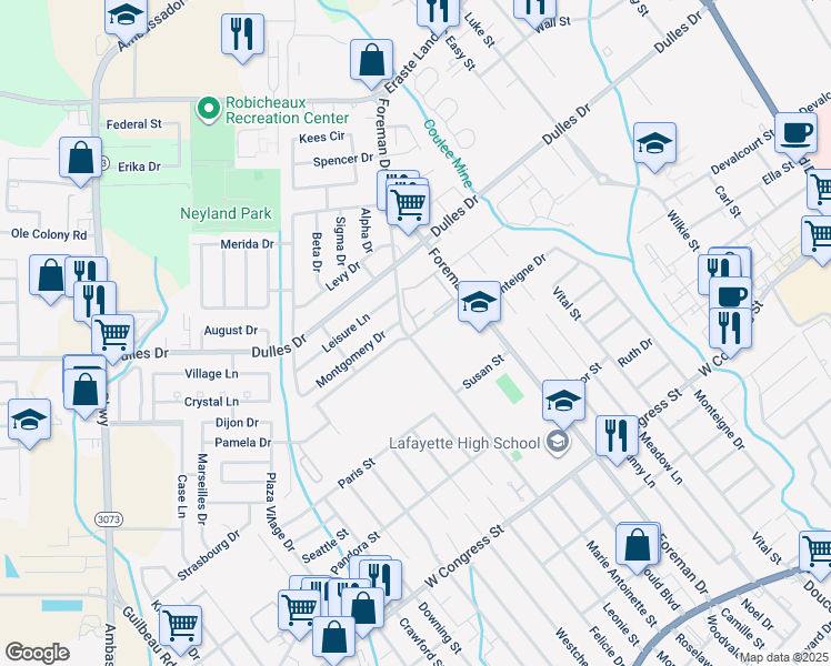map of restaurants, bars, coffee shops, grocery stores, and more near 101 Montgomery Drive in Lafayette