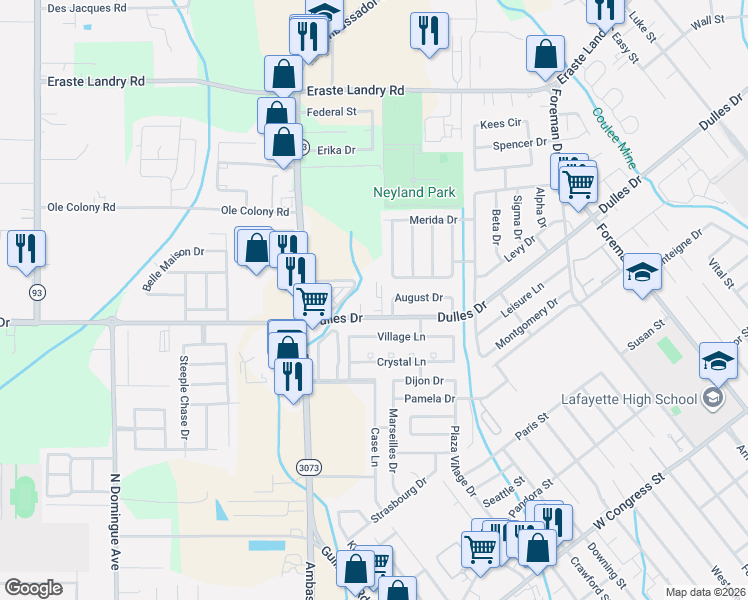 map of restaurants, bars, coffee shops, grocery stores, and more near 1326 Dulles Drive in Lafayette