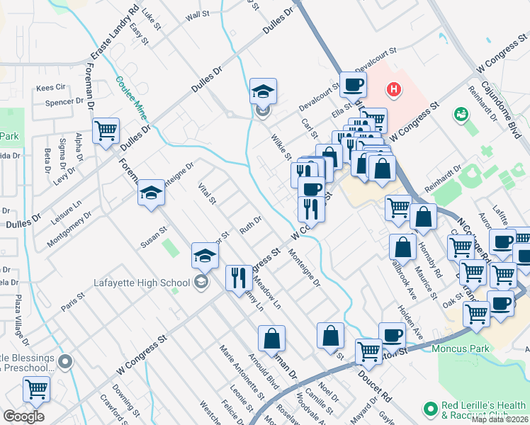 map of restaurants, bars, coffee shops, grocery stores, and more near 103 Westwood Drive in Lafayette