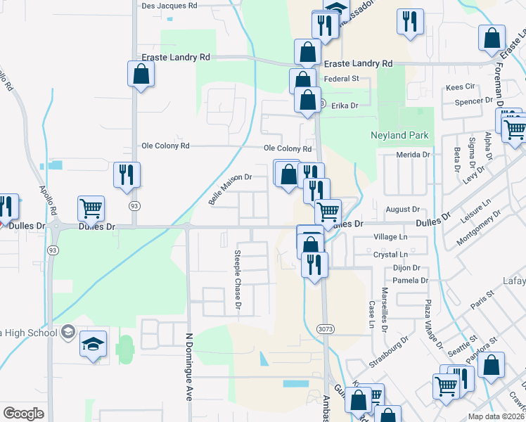 map of restaurants, bars, coffee shops, grocery stores, and more near 203 Bon Mange Circle in Lafayette