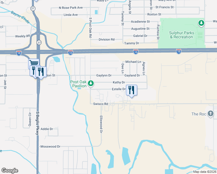 map of restaurants, bars, coffee shops, grocery stores, and more near 2127 Ethel Street in Sulphur