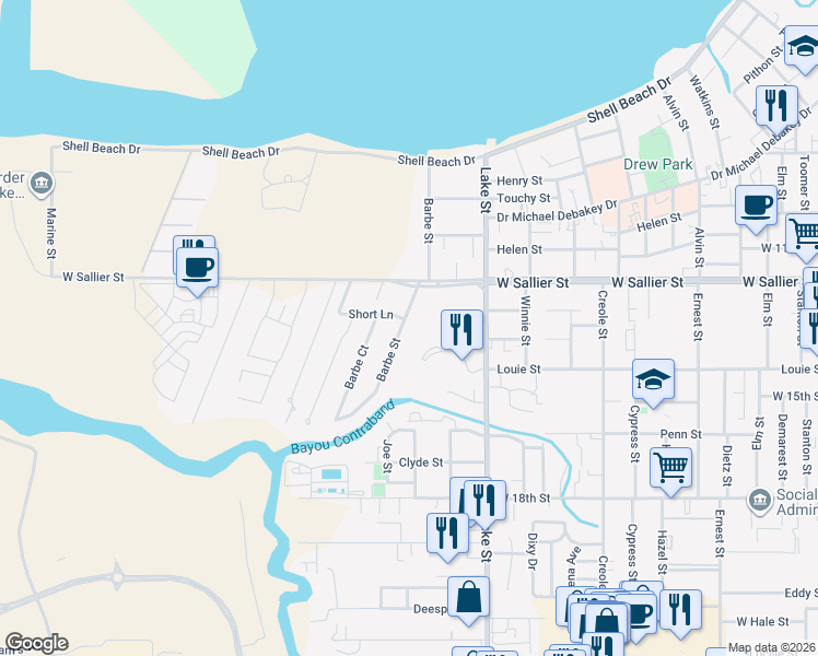 map of restaurants, bars, coffee shops, grocery stores, and more near 2101 Barbe Street in Lake Charles