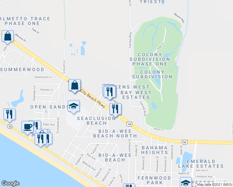 map of restaurants, bars, coffee shops, grocery stores, and more near 1604 Cape Cod Drive in Panama City Beach