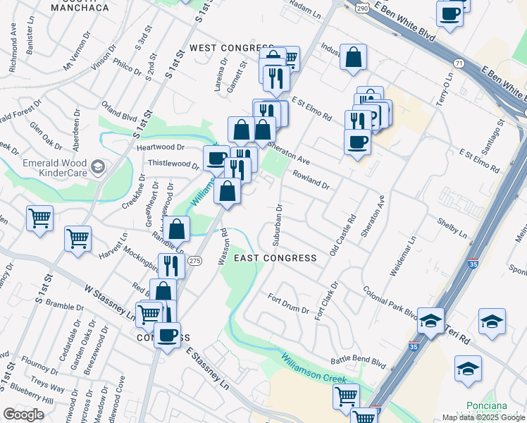 map of restaurants, bars, coffee shops, grocery stores, and more near 201 Liverpool Drive in Austin