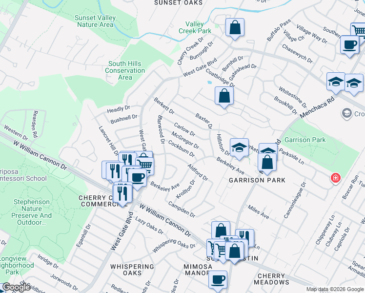 map of restaurants, bars, coffee shops, grocery stores, and more near 2605 Cockburn Drive in Austin
