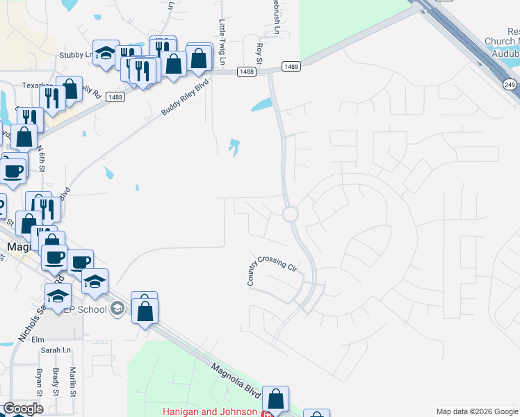map of restaurants, bars, coffee shops, grocery stores, and more near 119 Rogerdale River Drive in Magnolia