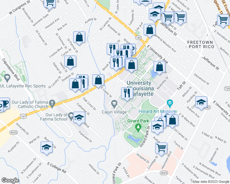 map of restaurants, bars, coffee shops, grocery stores, and more near 115 Seville Boulevard in Lafayette