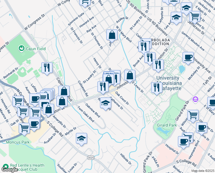 map of restaurants, bars, coffee shops, grocery stores, and more near 2012 1/2 Johnston Street in Lafayette