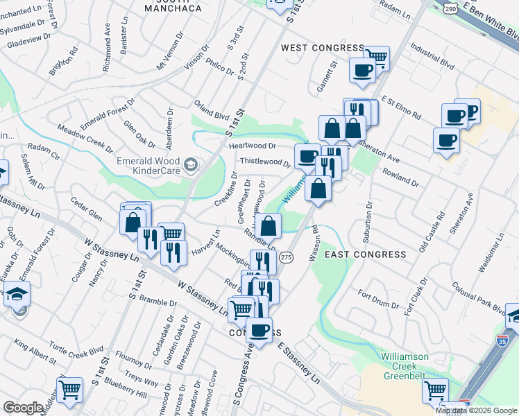 map of restaurants, bars, coffee shops, grocery stores, and more near 5107 Hedgewood Drive in Austin