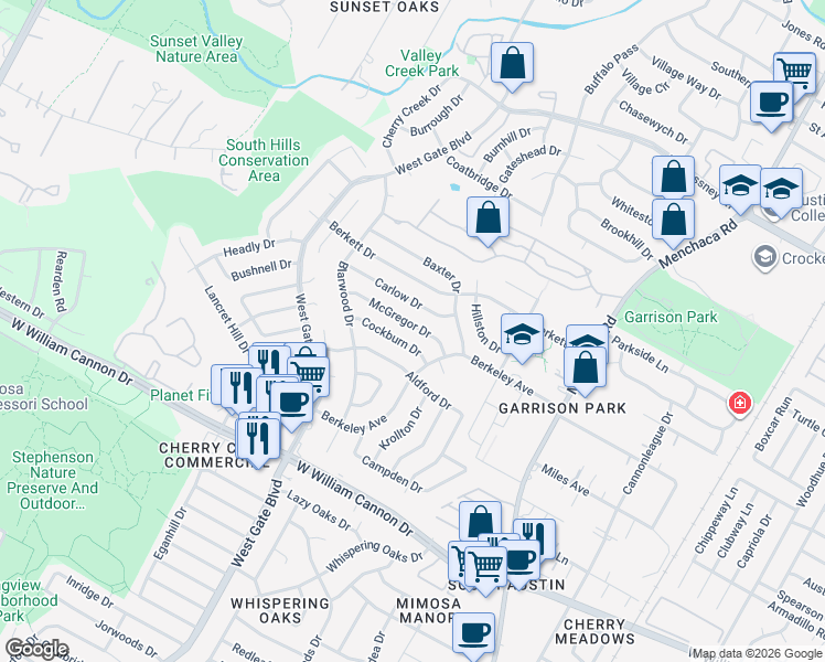 map of restaurants, bars, coffee shops, grocery stores, and more near 2515 Mc Gregor Drive in Austin