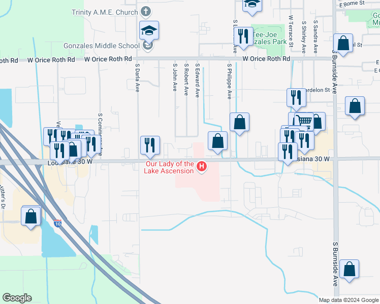 map of restaurants, bars, coffee shops, grocery stores, and more near 2512 South Penn Avenue in Gonzales