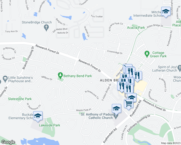 map of restaurants, bars, coffee shops, grocery stores, and more near 99 North Willow Point Circle in Spring