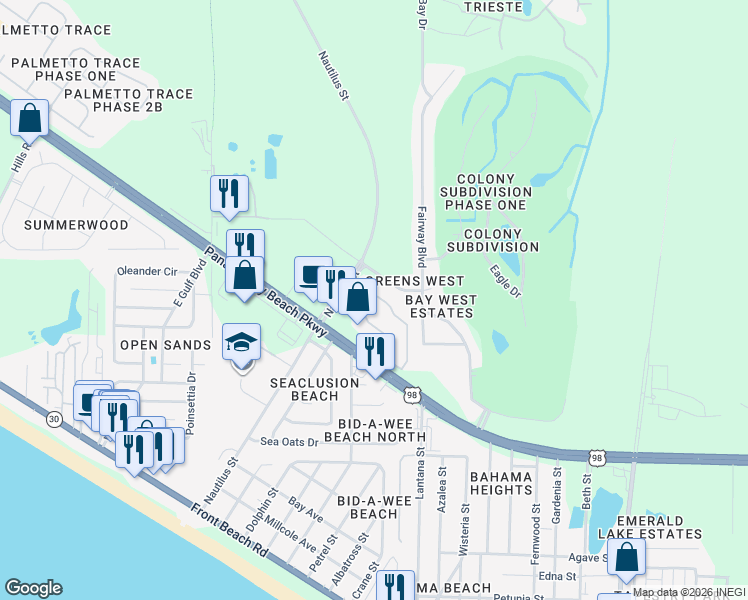 map of restaurants, bars, coffee shops, grocery stores, and more near 1604 Cape Cod Drive in Panama City Beach