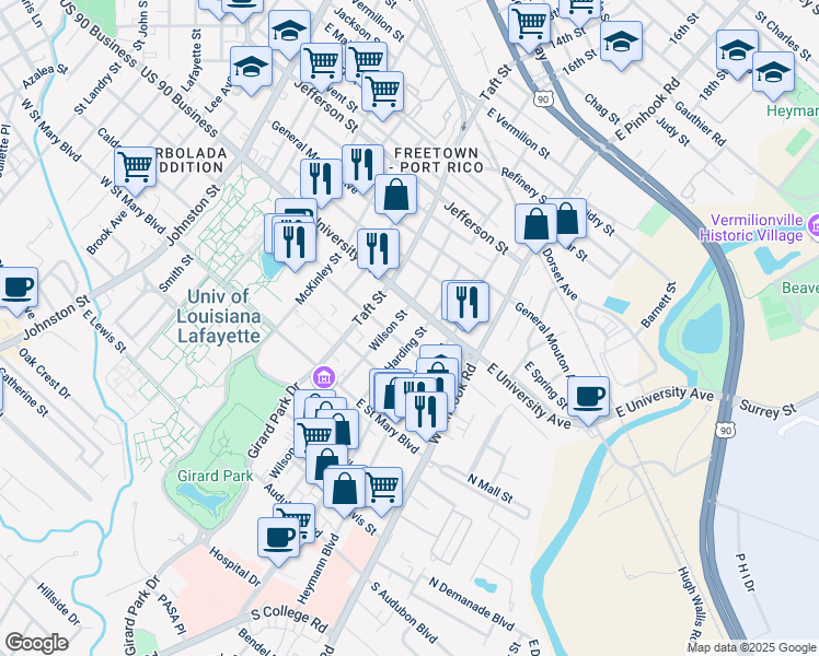 map of restaurants, bars, coffee shops, grocery stores, and more near 529 Wilson Street in Lafayette