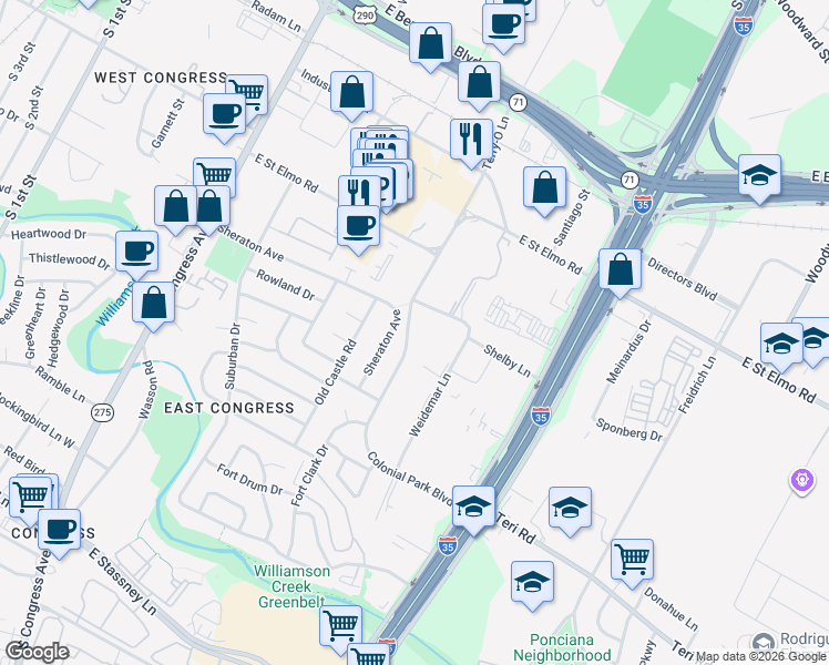 map of restaurants, bars, coffee shops, grocery stores, and more near 410 Colonial Park Boulevard in Austin