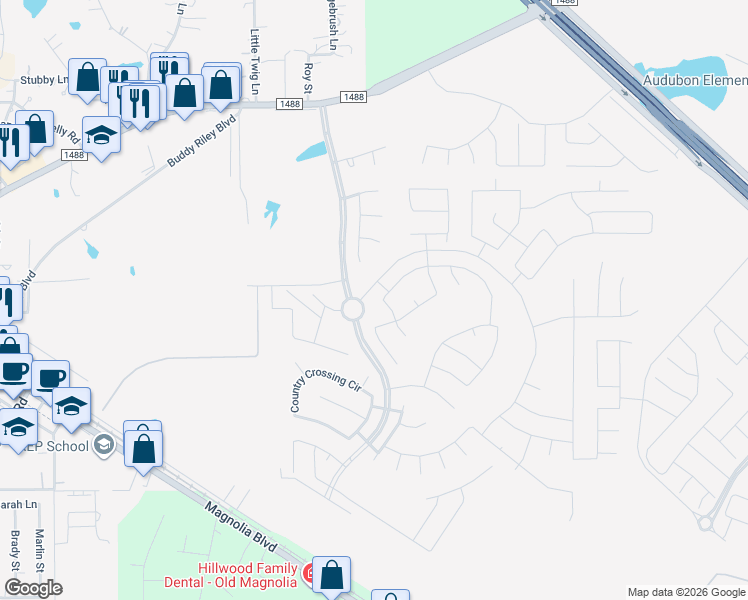 map of restaurants, bars, coffee shops, grocery stores, and more near 119 Rogerdale River Drive in Magnolia