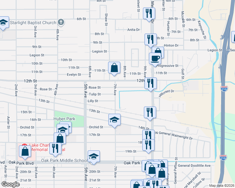 map of restaurants, bars, coffee shops, grocery stores, and more near 2005 7th Avenue in Lake Charles