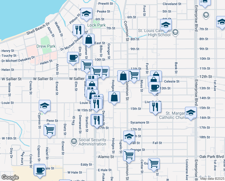 map of restaurants, bars, coffee shops, grocery stores, and more near 2128 Hodges Street in Lake Charles