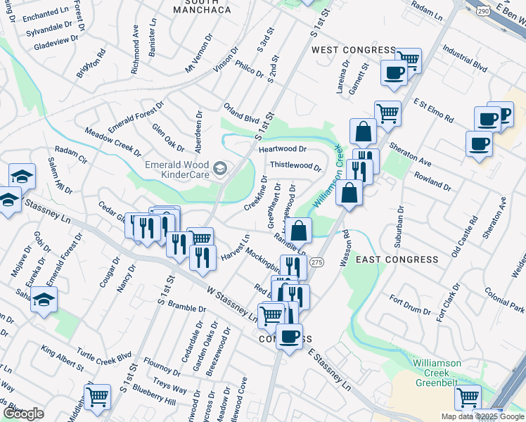 map of restaurants, bars, coffee shops, grocery stores, and more near 5112 Greenheart Dr in Austin