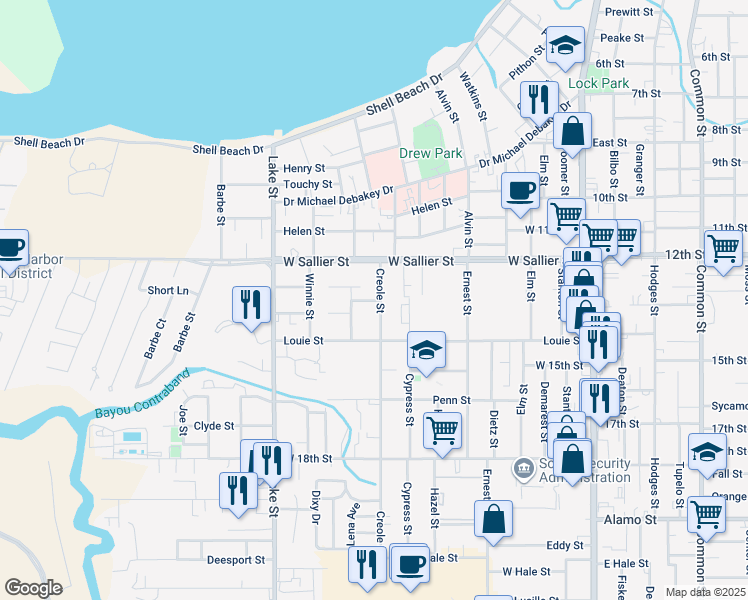 map of restaurants, bars, coffee shops, grocery stores, and more near 600-698 Short Street in Lake Charles