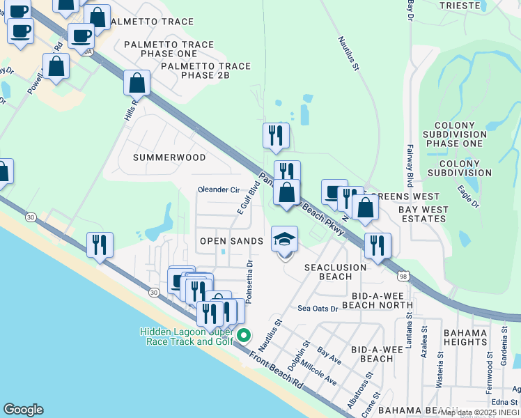 map of restaurants, bars, coffee shops, grocery stores, and more near 100 Pura Vida Court in Panama City Beach