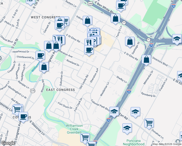 map of restaurants, bars, coffee shops, grocery stores, and more near 4701 Old Castle Road in Austin