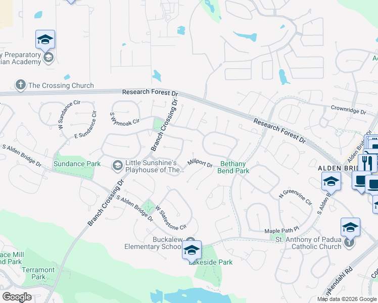 map of restaurants, bars, coffee shops, grocery stores, and more near 15 Sweet Birch Place in Spring