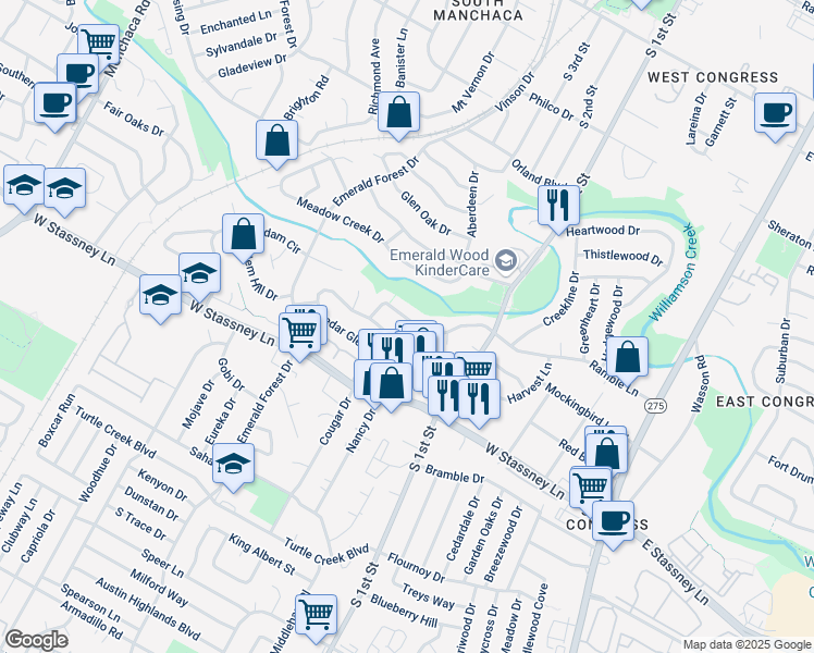map of restaurants, bars, coffee shops, grocery stores, and more near 800A Ramble Lane in Austin