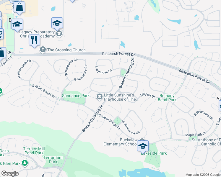 map of restaurants, bars, coffee shops, grocery stores, and more near 175 South Brooksedge Circle in Spring