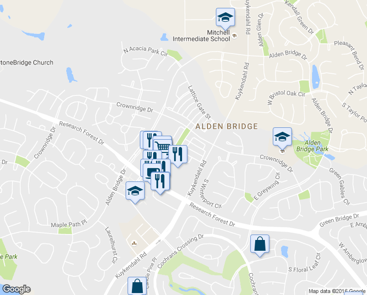 map of restaurants, bars, coffee shops, grocery stores, and more near 10 East Pipers Green Street in The Woodlands